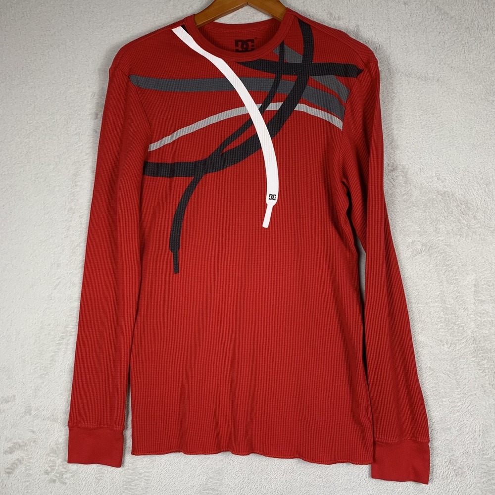 Y2K DC Shoes Shirt Mens XL Red Thermal Long Sleeve Waffle Knit Skate Basketball